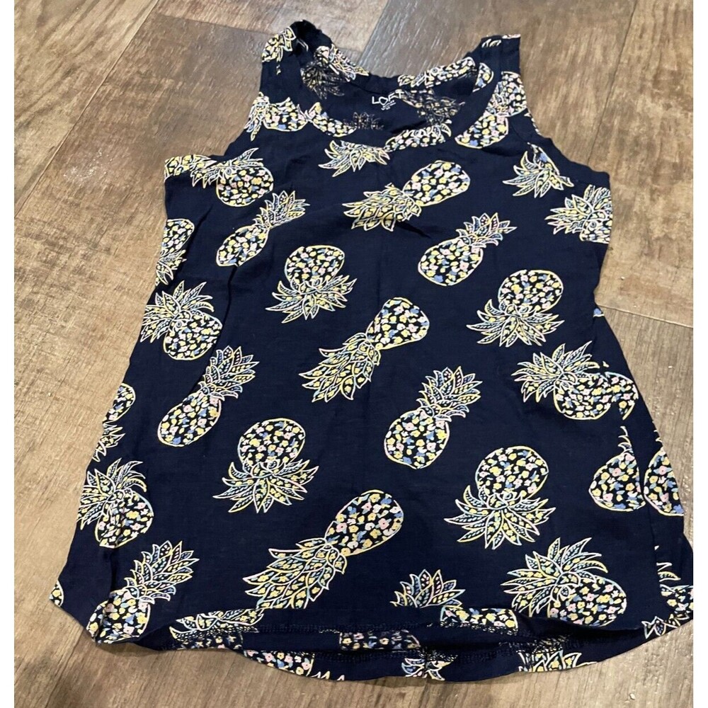 Ann Taylor Loft Tank Top Womens XS Navy Blue Pineapple Pattern Tropical Blouse
